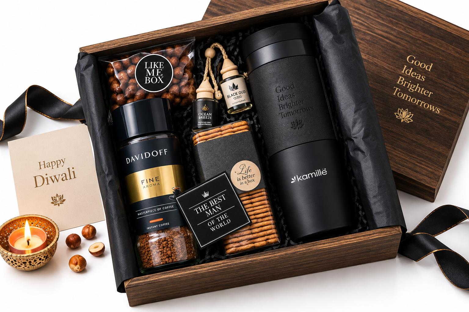 Diwali gift set with premium copper bottle tumbler dry fruits and diya