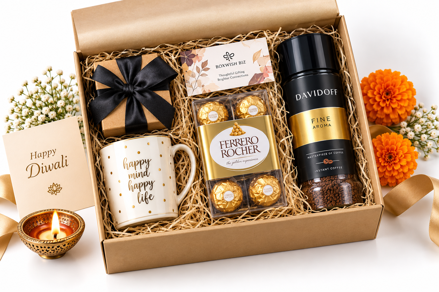 Premium Diwali coffee hamper with coffee chocolates mug and festive diya