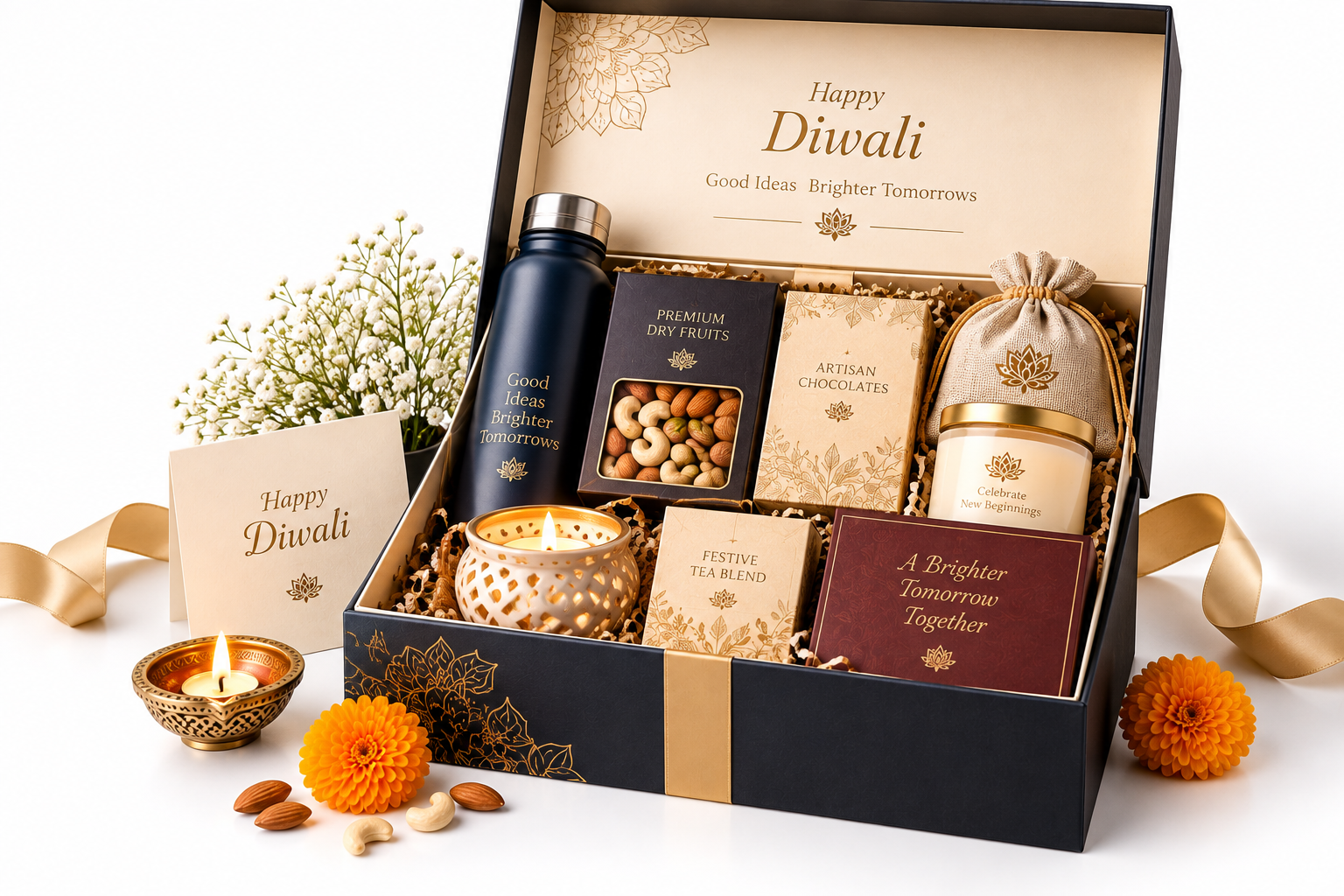 Open premium Diwali gift box with bottle dry fruits chocolates candle and tea