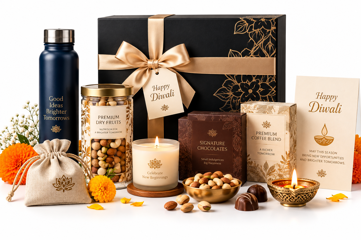 Curated Diwali gift hamper with dry fruits chocolates candle diya and festive card