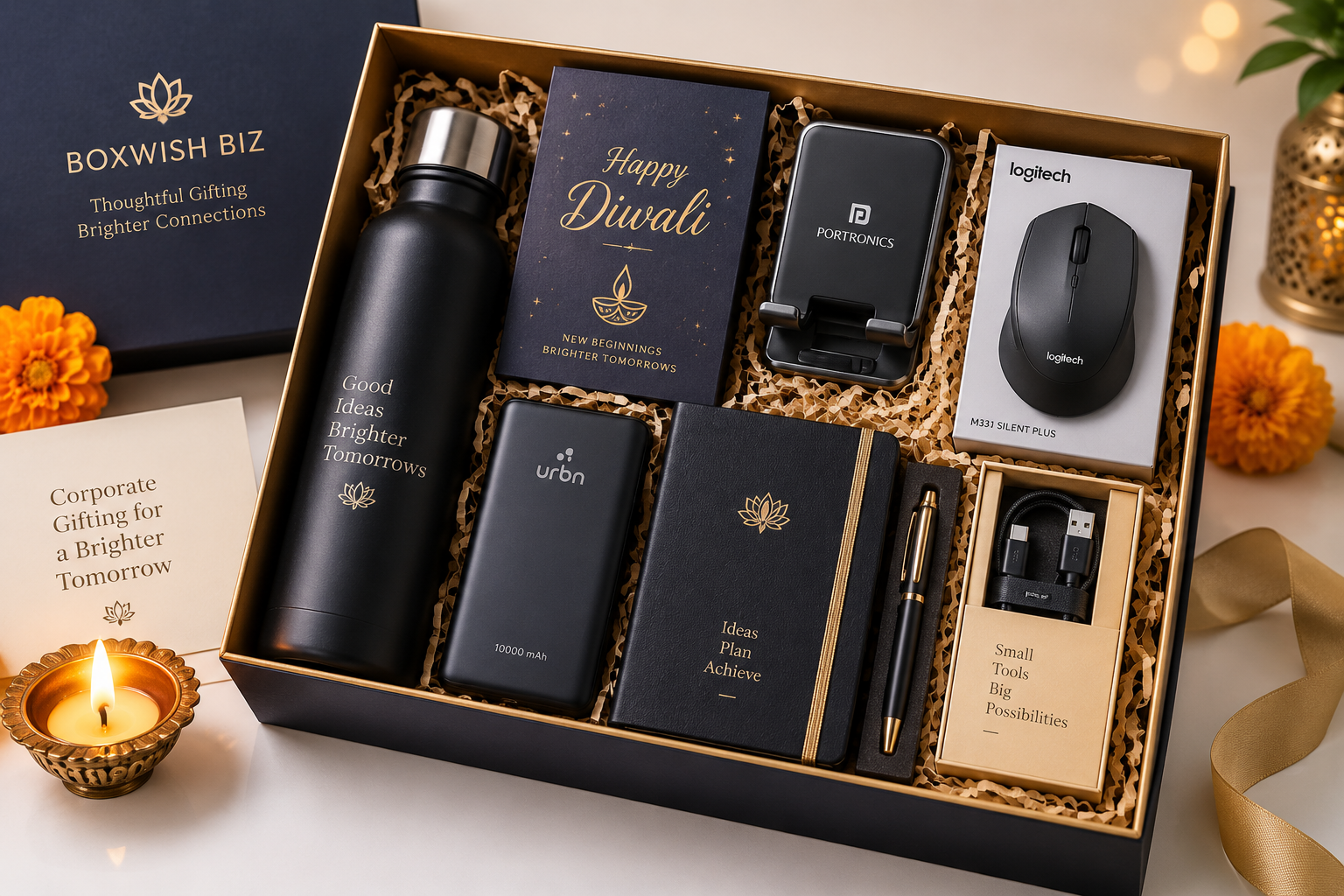 Corporate Diwali gadget hamper with power bank notebook bottle mouse and tech accessories