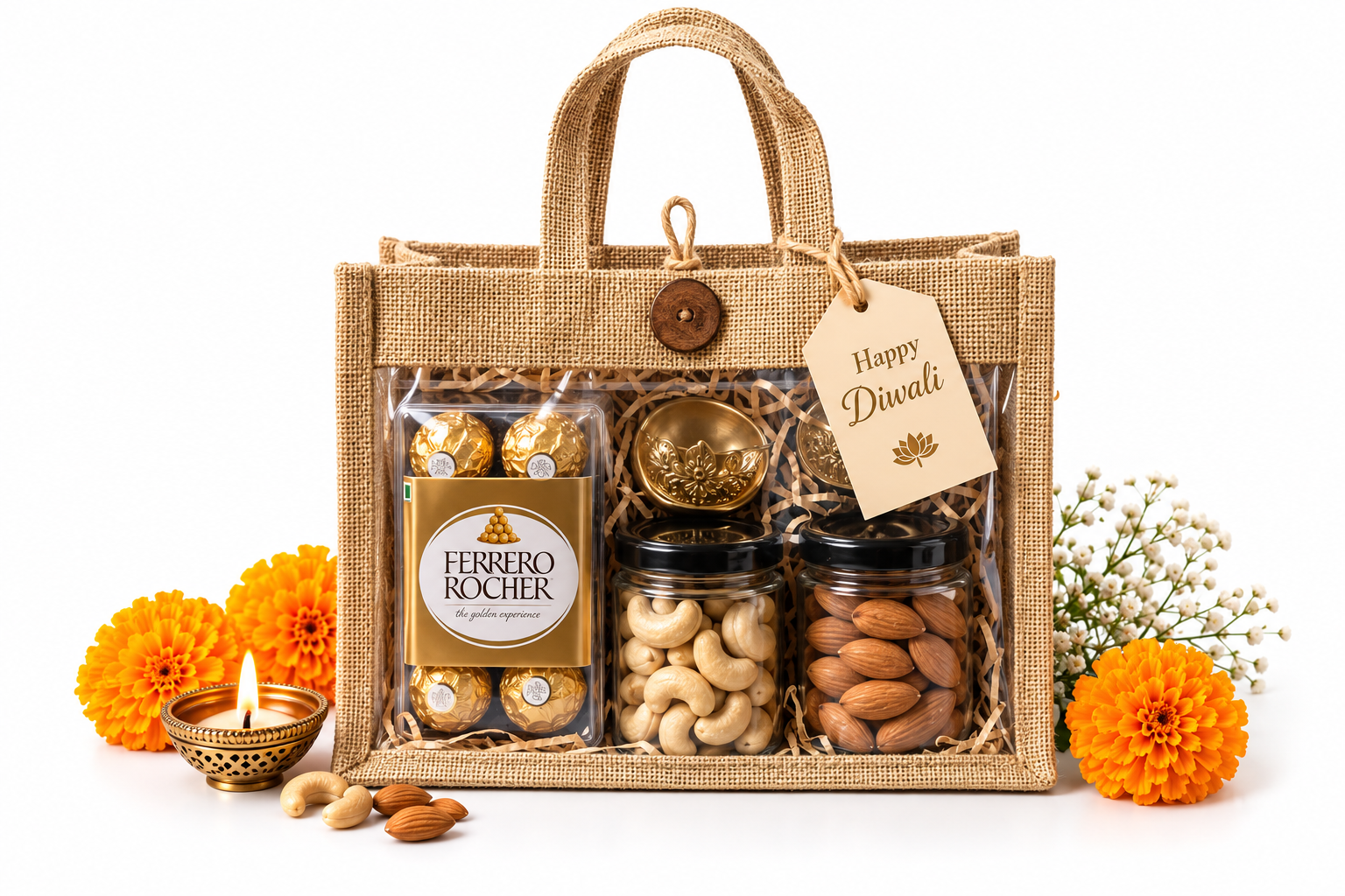 Eco-friendly Diwali jute hamper with chocolates dry fruits and diya