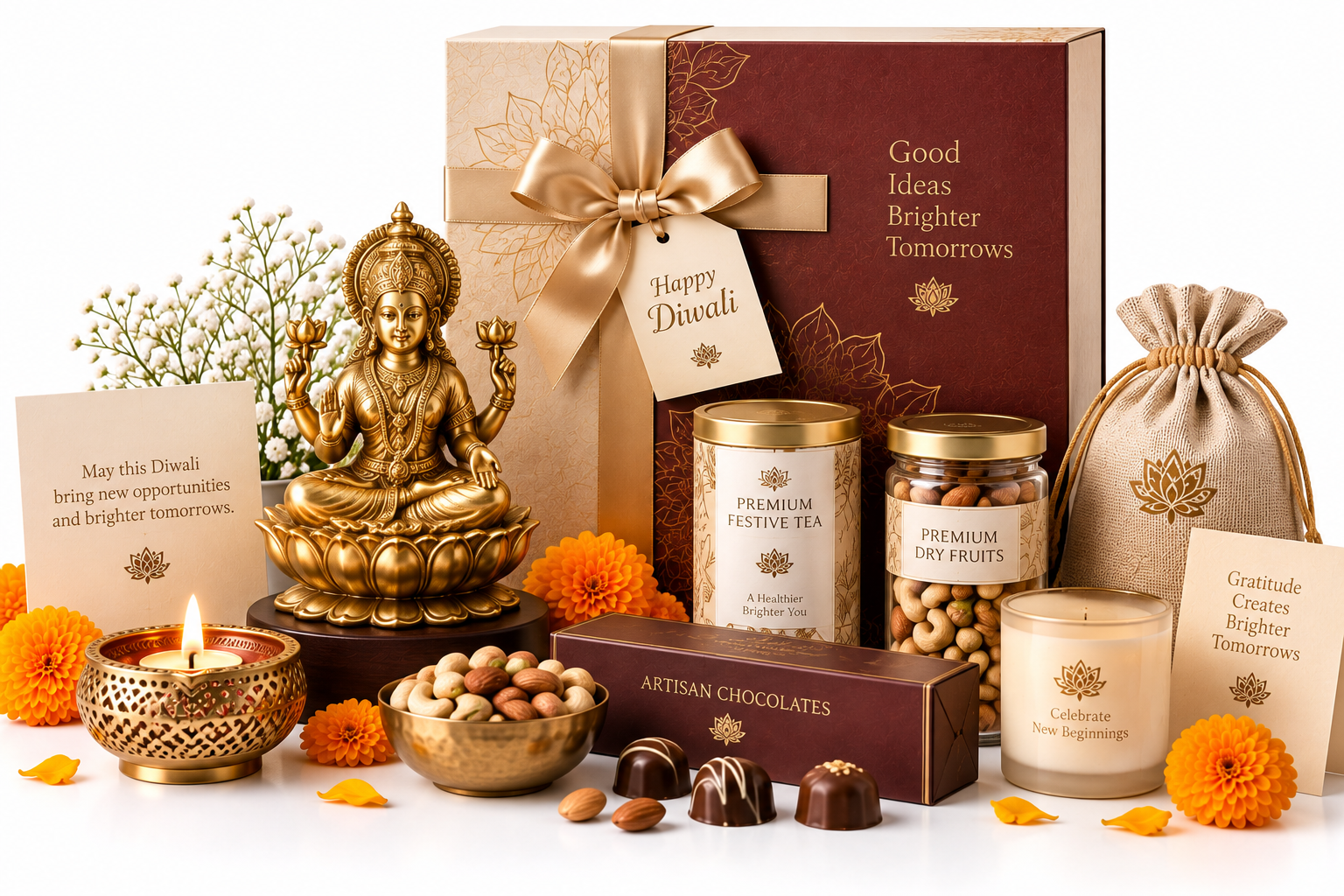 Diwali Laxmi gift set with Lakshmi statue dry fruits chocolates candle and diya